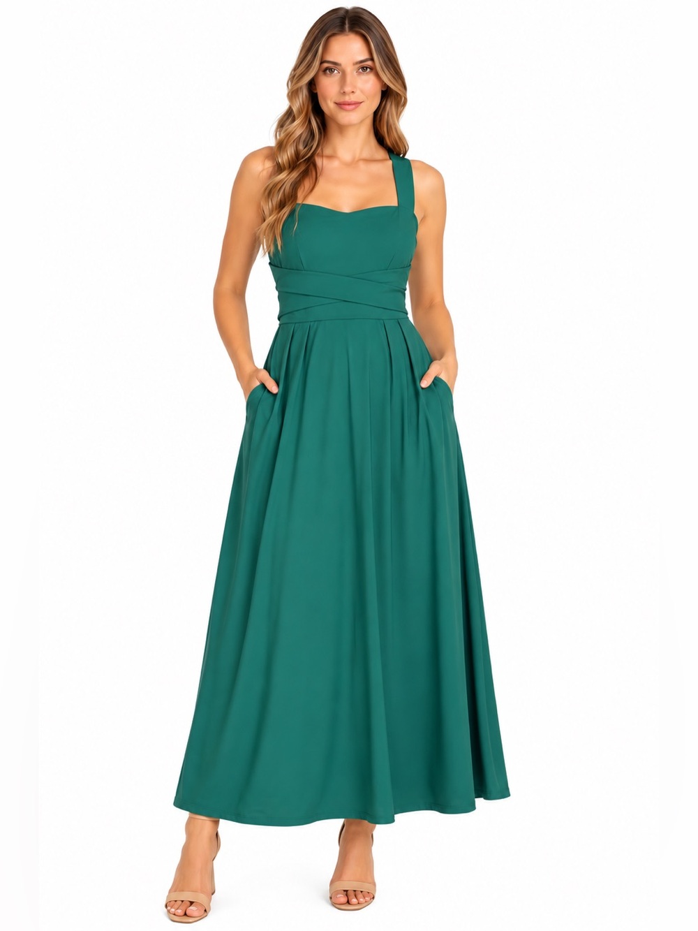 HALARA Teal Maxi Dress with Crisscross Waist and Pockets